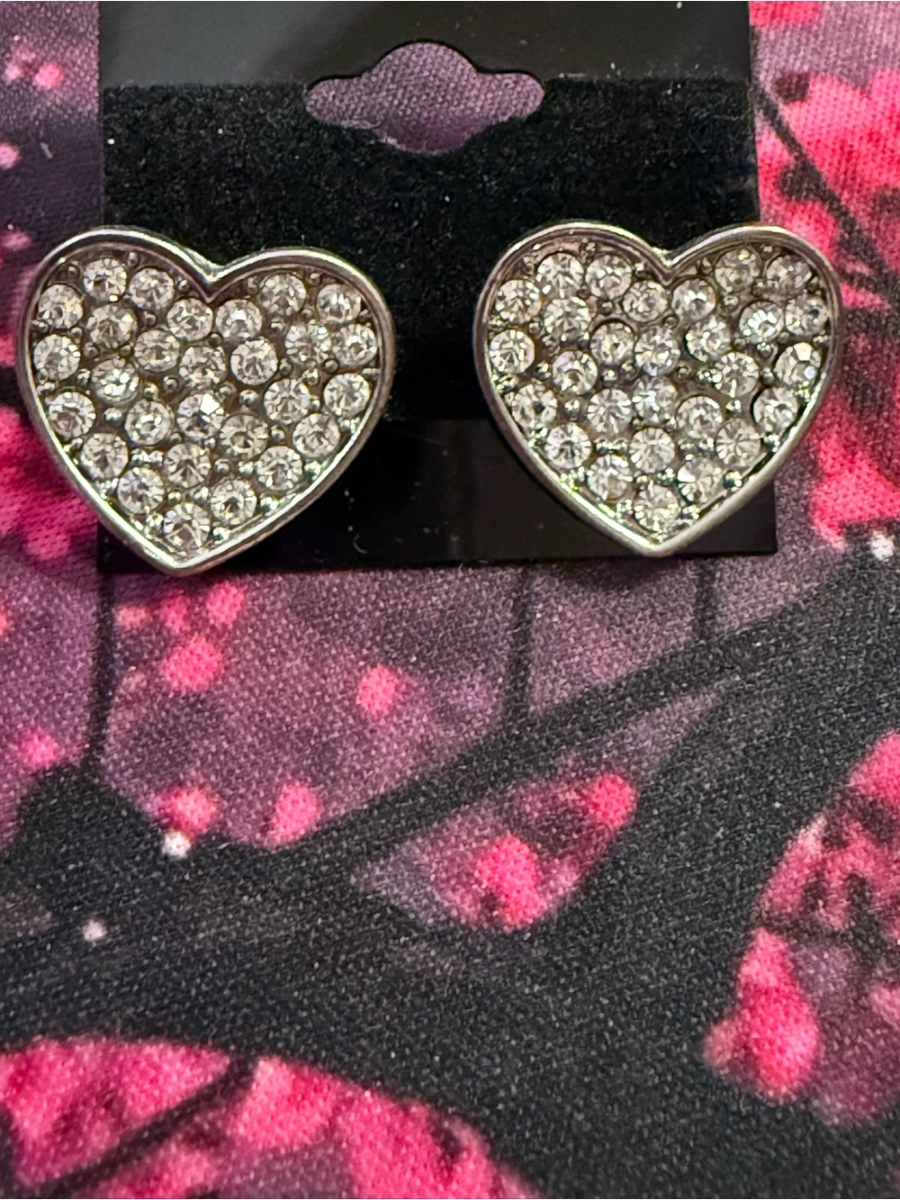 Crystal Heart Stud Earrings - Silver Tone